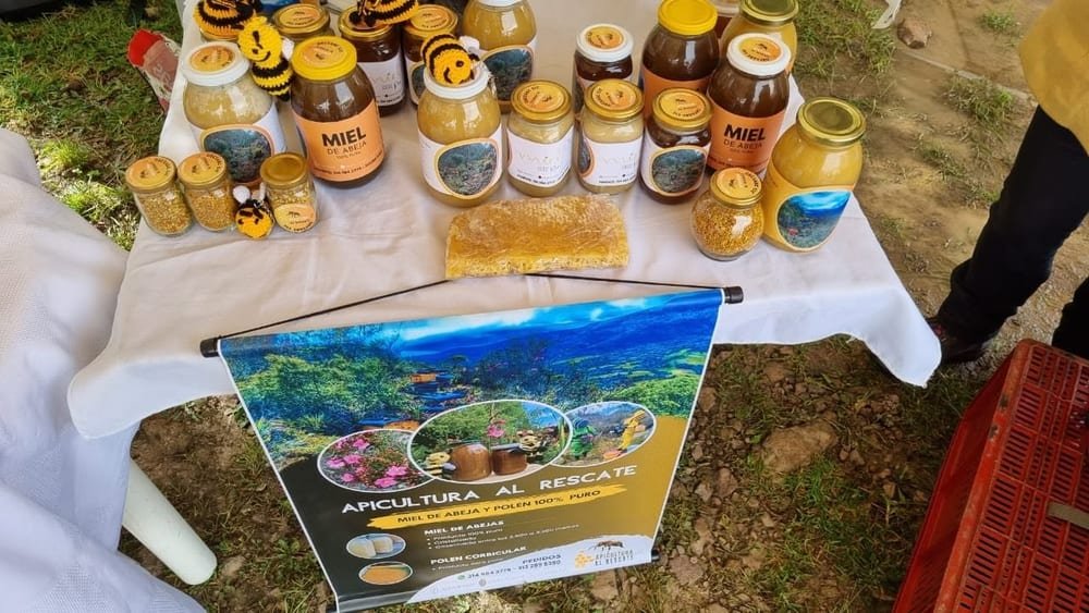 Frascos de miel cristalizada y miel líquida junto a polen de abeja y panal sobre una mesa